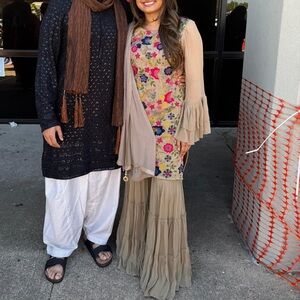 Embroidered Floral Kurta Set in Beige with Multicolor Flowers Indian wedding